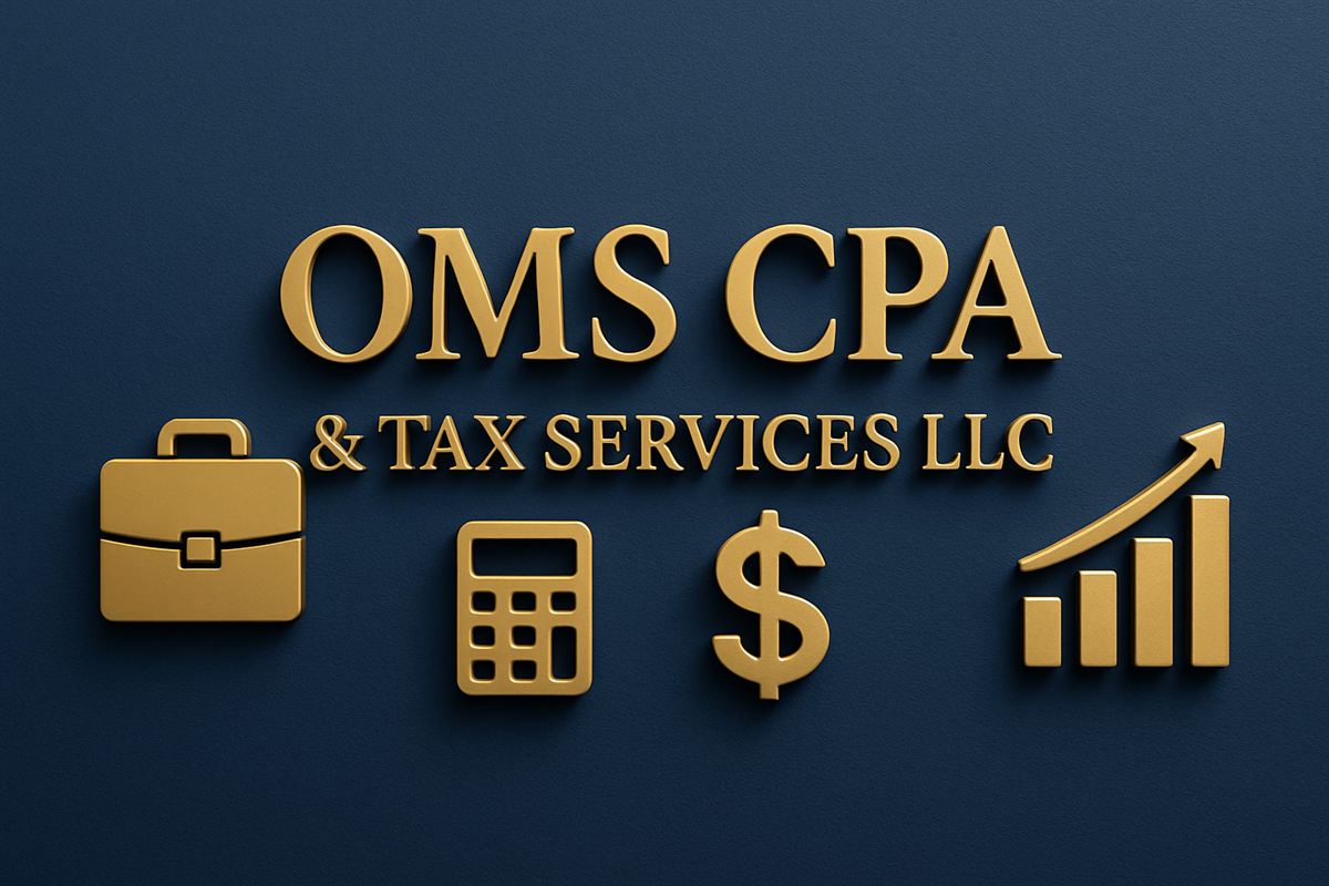 OMS CPA & Tax Services LLC in gold 3D lettering