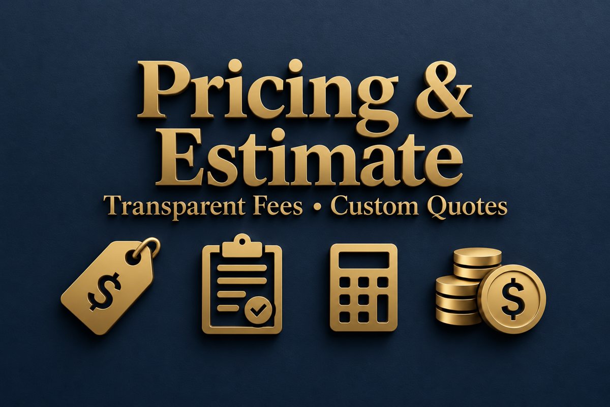 Pricing & Estimate — transparent fees and custom quotes, in gold 3D lettering with price tag, checklist, calculator and coins