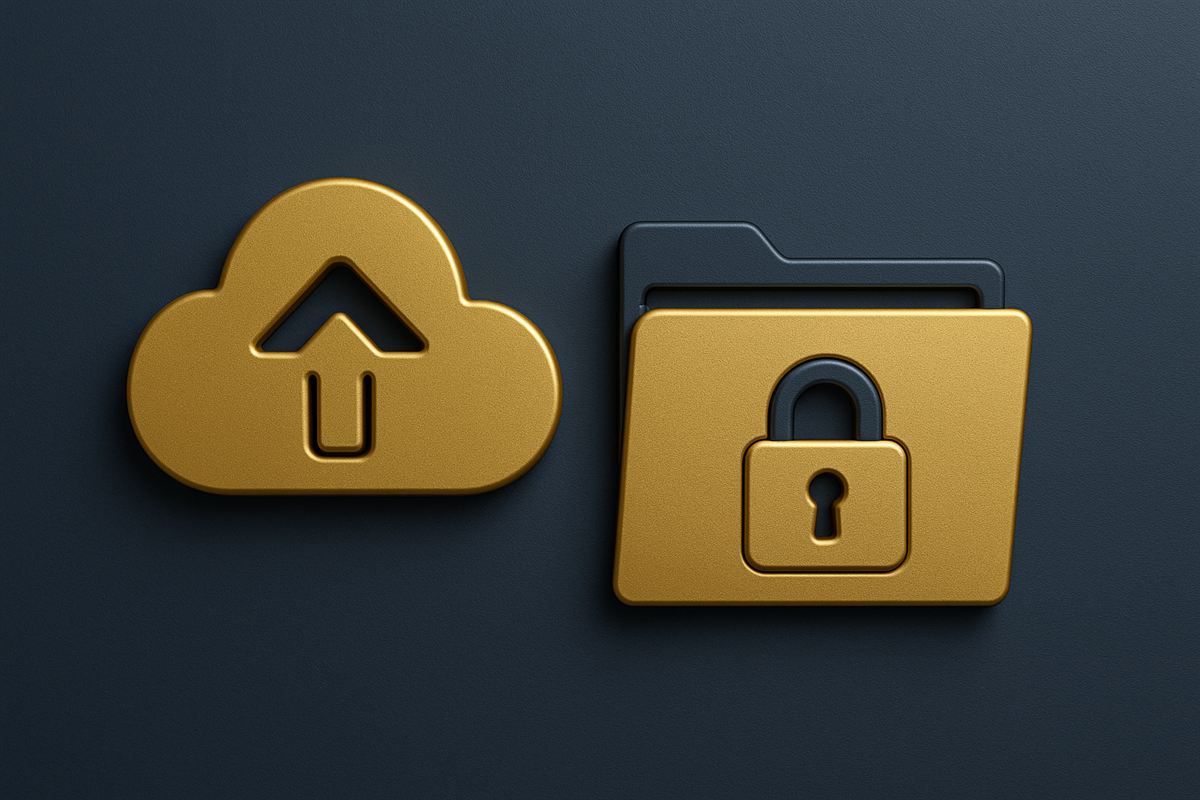 Gold 3D cloud upload and locked folder icons
