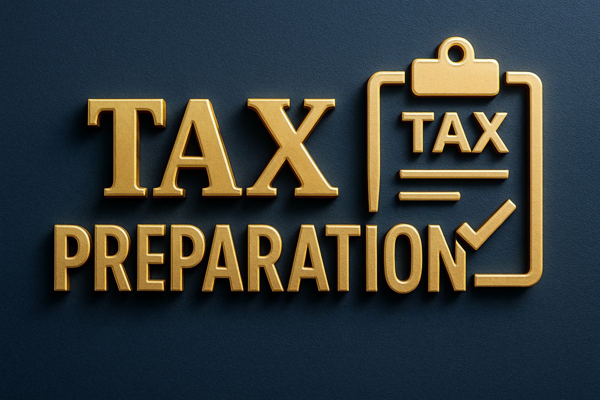 Gold 3D Tax Preparation sign with clipboard